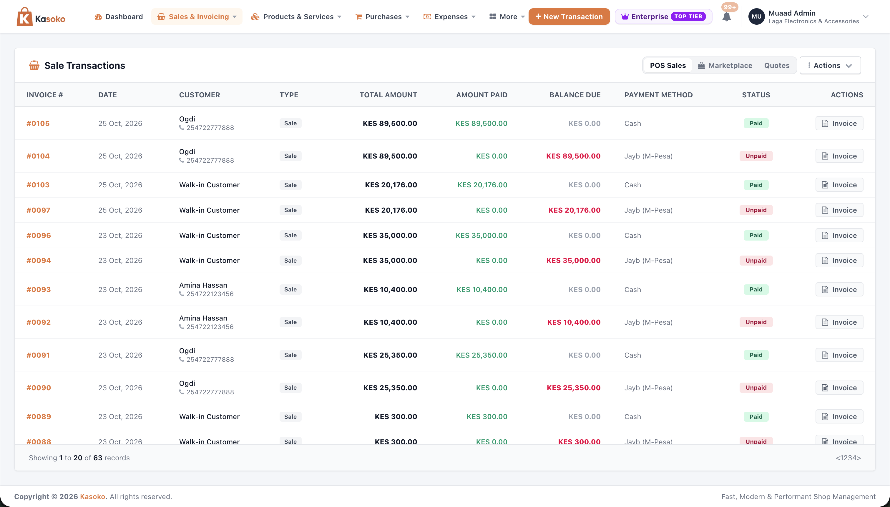 Kasoko Sales List showing POS Sales, Marketplace, and Quotes tabs with Amount Paid vs Balance Due columns